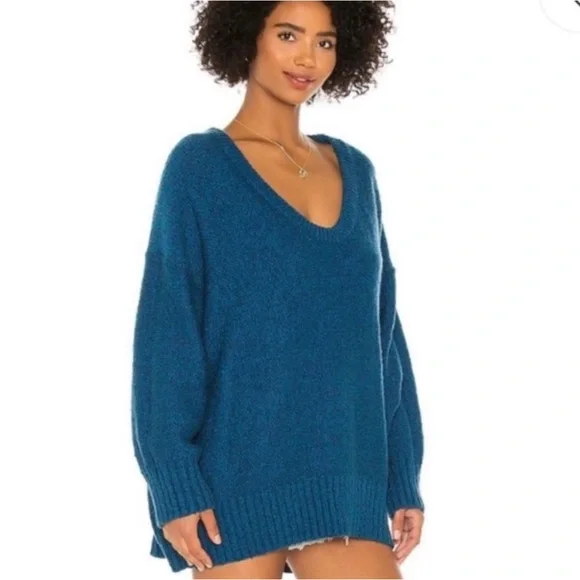 Free People Brookside Tunic Oversized Sweater Teal Size S - Picture 2 of 11